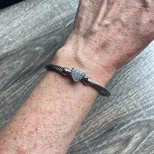 Designer DSMK Stainless Steel Twisted Cable Bangle Bracelet with heart accent